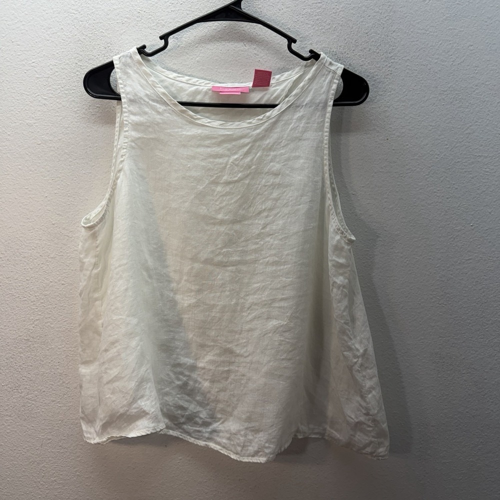 Isaac Mizrahi New York Women Tank Top M White 100% Linen Front Coastal Open Back
